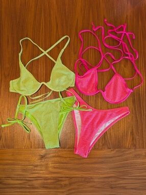 Neon Green Sparkly Bikini + Hot Pink Textured Bikini Bundle Size S Underwire